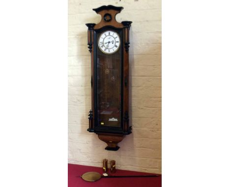 Victorian walnut 8-day wall clock with white enamel dial and two weights. Condition report: see terms and conditions