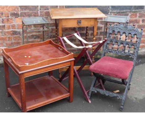 Bobbin turned side table, two metal ware plant stands, lamp table, tray stand and heavily carved oak campaign chair. Conditio