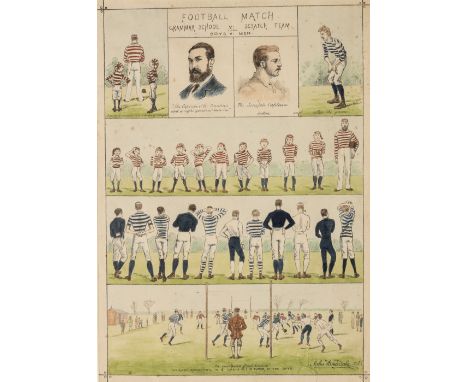 "Football Match Grammar School v Scratch Team" by John Drinsdale, coloured lithograph featuring a 'Boys v Men' various scenes