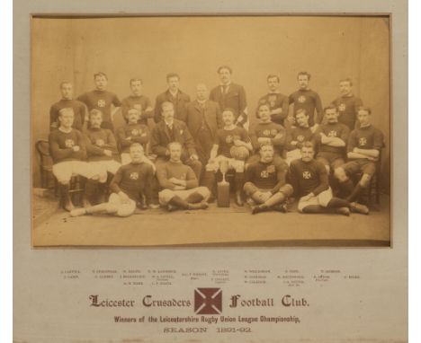 Pair of early b&w photographs of Leicester Crusaders RFC team, season 1891-92, the first a team photograph of players and off