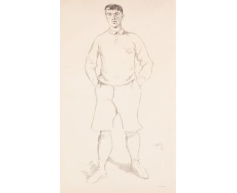 William Rothenstein (British, 1872-1945) 'J Conway Rees' lithograph during his time at Oxford University,featuring the rugby 