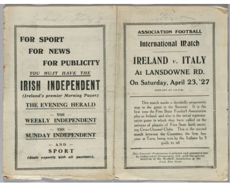 Republic of Ireland (FA of Irish Free State) programme, first ever home football international v Italy, played at Lansdowne R