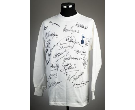 White Tottenham Hotspur replica jersey, signed by legends of the club,Toffs, long-sleeved with embroidered club crest and nec