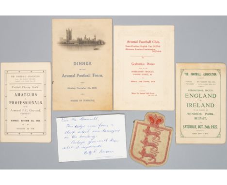 A group of memorabilia originally owned by Alf Baker of Arsenal FC, comprising an England shirt badge with three lions and cr