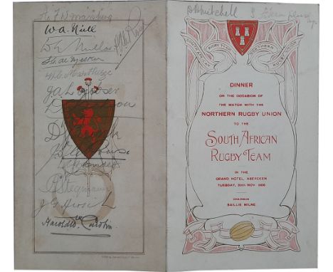 1906 South Africa “Springboks” Northern Rugby Union Tour dinner menu signed by 14 Springboks,Arthur Marsburg, William Allan N