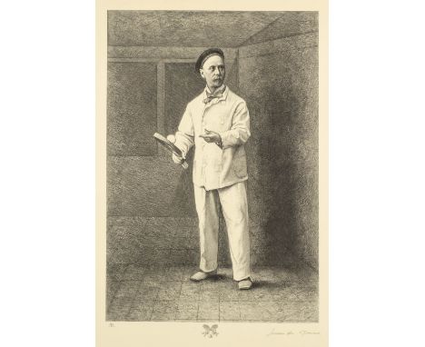 A print and three books of real tennis interest,engraved portrait of the player Charles Delahaye known as "Biboche", signed A