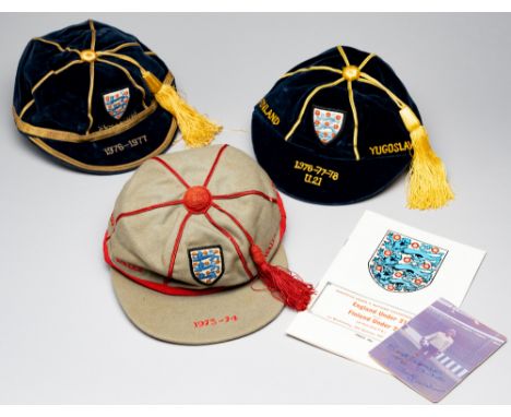 A group of three representative caps awarded to Paul Bradshaw, comprising a England cap for the UEFA Youth championship, seas
