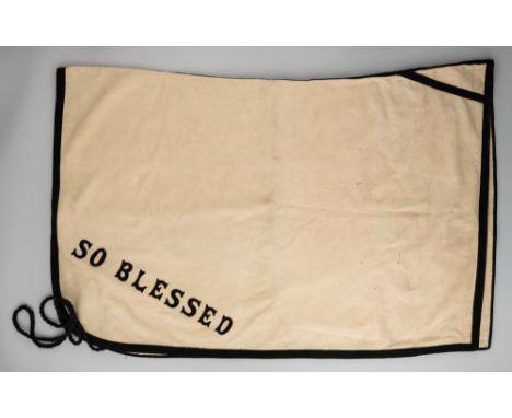 Blanket worn by the thoroughbred stallion 'So Blessed' at Lord Howard de Walden's Thornton Stud in Yorkshire,cream and black,