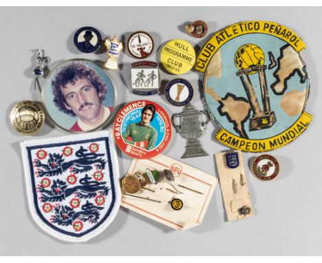 A collection of football badges,mostly metal & enamel, also cloth including and England three lions, pin buttons, good select