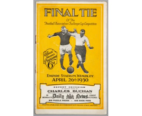 F.A. Cup Final programme Arsenal v Huddersfield Town, played at Wembley Stadium, 26th April 1930, 26-page, paper loss to reve