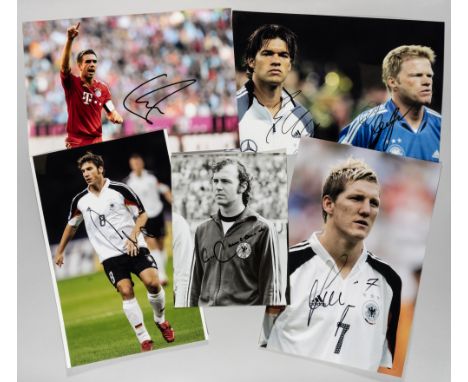 Five Greats of German football signed photographs, comprising Franz Beckenbauer, Michael Ballack, Oliver Kahn, Bastian Schwei
