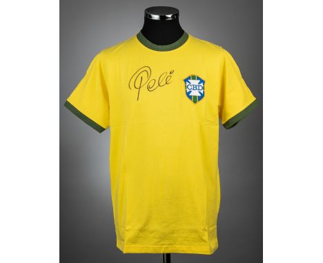 Pele signed yellow Brazil retro jersey, Re-Take, short-sleeved with national emblem, signed in black marker pen on front, siz