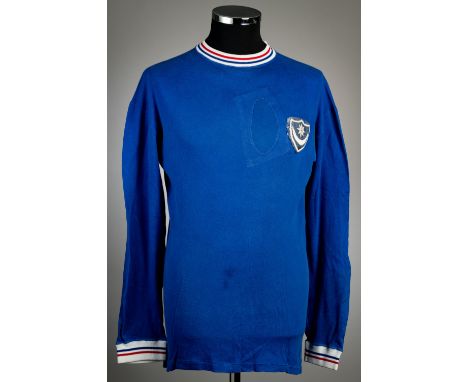 Blue Portsmouth no.4 home jersey, circa 1967, Umbro, long-sleeved with elasticated white round neck collar and cuffs with red