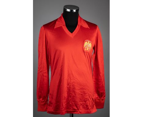 Red Spain No.5 "B" International jersey gained as a swap by England's Alan Sunderland,Adidas, long-sleeved, embroidered natio