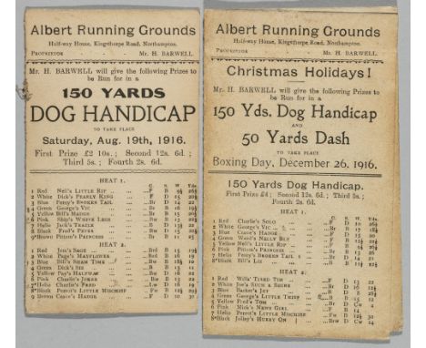 Two early greyhound racing cards: 1916 Albert Running Grounds, Half-way House, Northampton,the first dated 19th August for th