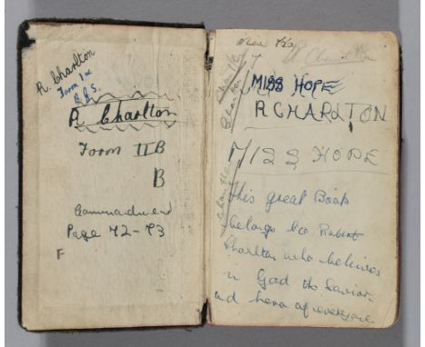 Bobby Charlton's childhood Holy Bible, 240-page, the leather bible with HOLY BIBLE in silver on spine, on the inner cover bea