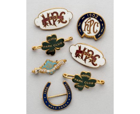 Seven Hooton Park Club racing badges, defunct racecourse, near Liverpool dating from 1902-07,comprising gilt metal and enamel