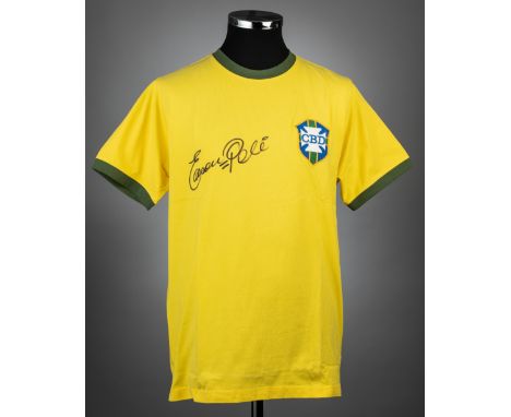 Pele signed yellow Brazil retro jersey, Re-Take, short-sleeved with national emblem, signed in black marker pen on front, siz