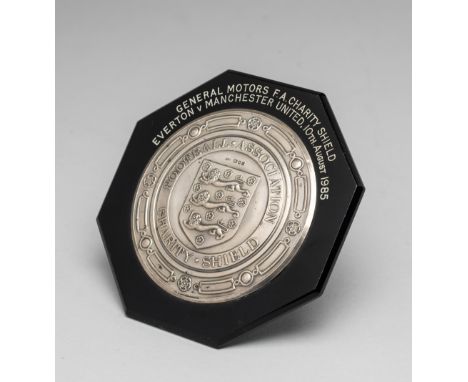 Manchester United v Everton 1985 F.A. Charity Shield medal plaque, being a miniature of the competition trophy, hallmarked si