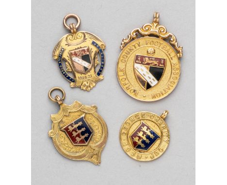 A group of four gold and enamel medals relating to Norfolk football, comprising Norfolk County FA Charity Cup 1920-21, Great 