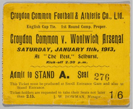 Croydon Common v Woolwich Arsenal ticket for the F.A. Cup 1st Round Competition Proper tie played at "The Nest", Selhurst, 11