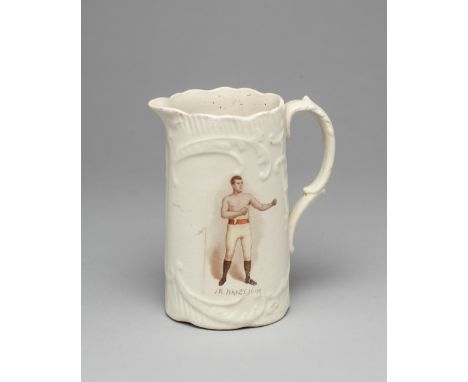 A white glazed pottery jug commemorating the Welsh heavyweight boxer Dai St. John circa 1900, colour printed portrait with ha