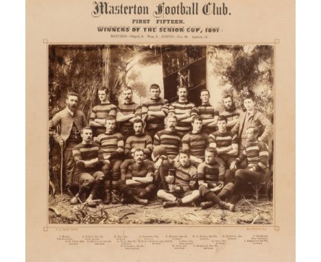 Period photograph of New Zealand's Masterton Rugby Football Club 1st XV, winner's of the 1891 Senior Cup,the sixteen players 