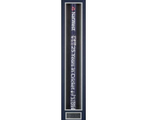 A cricket stump from the 2005 NatWest Series Final signed by the England team who tied against Australia,the dark blue stump 