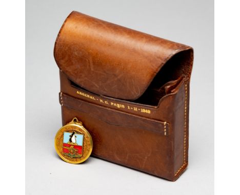 A leather Arsenal – RC Paris 1st November 1949 cigarette case, brown leather with stitching and gilt lettering on the inner c