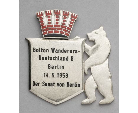 Medal plaque awarded to the footballer Bert Sproston on the occasion of Bolton Wanderers' match v Deutschland 'B' in Berlin, 