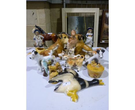 A collection of ceramic animals including dogs, horses, various other decorative ceramics etc