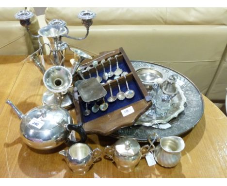A quantity of silver plated items including trays, epergne, teapot etc