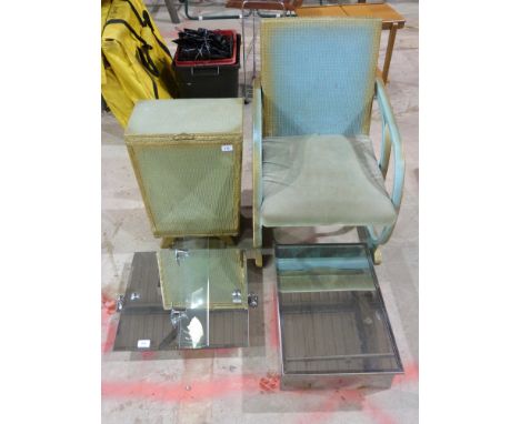 A bathroom mirror together with matching shelf, Lloyd Loom linen basket and chair and a mirror front cabinet