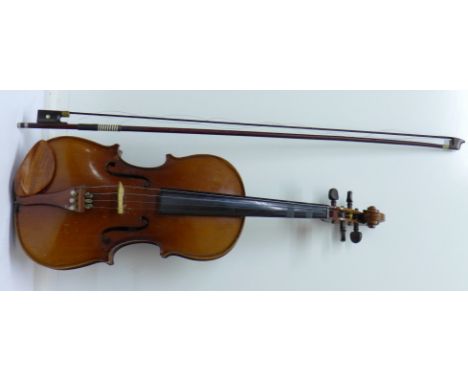 A Chinese violin with bow, in hard case, violin marked Skylark, length of back without button 34cm