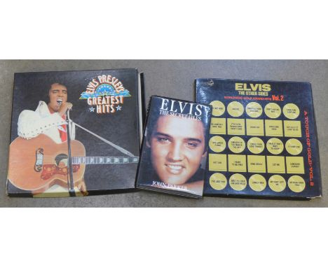 Two LP box sets, Elvis Presley's Greatest Hits, Elvis, The Other Sides, Vol, 2 and one volume, Elvis, The Secret Files