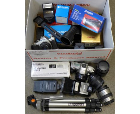 Photographic equipment including flash guns, light meter, slide copier, various lenses, a Minolta Dynax 4 and Pentax M2M came