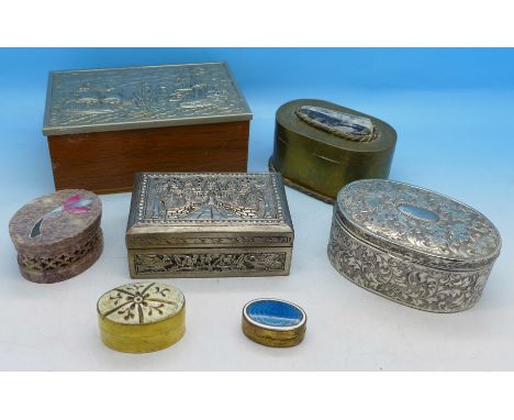 Six trinket boxes including one with an enamel top