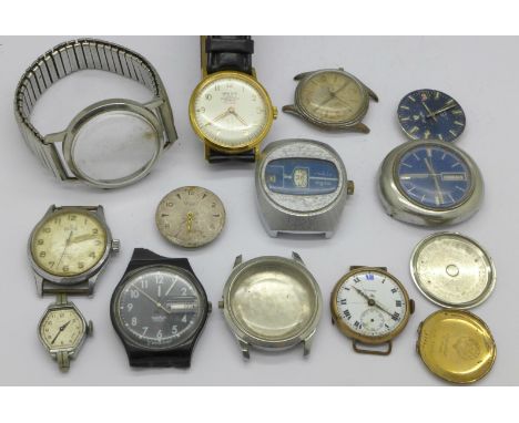 Assorted wristwatches and movements including Delfin, Nivada, Van Dyk, Swatch, Bentley, Cyma and Enicar watch case