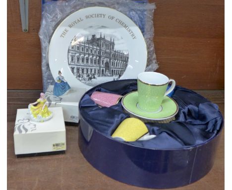 A Royal Worcester four setting coffee set in commemoration of HRH The Queen's 80th Birthday, two Royal Doulton miniature ladi