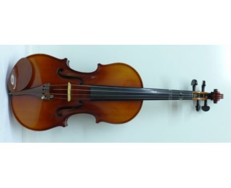 A Chinese violin in hard case, marked Skylark, length of back without button 36cm
