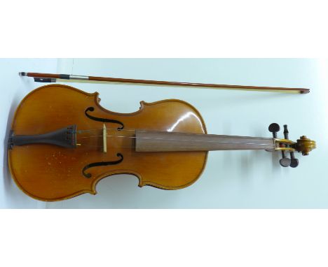 A Lark viola with bow in hard case, length of back without button 39.5cm