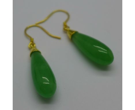 A pair of silver gilt and jade drop earrings