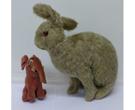 A Steiff rabbit and a small soft toy red velour elephant