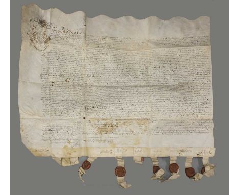 Four C17 Indentures &amp; Documents: 1- Indenture on vellum, Large folded indenture with 7 seals attached. Dated 1631 signed 