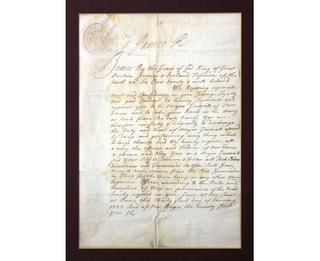 A letter of appointment by James Francis Edward Stuart (1688-1766) 'James by the Grace of God King of Great Britain France &a
