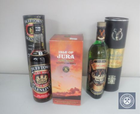 Three bottles of whisky to include Isle of Jura Pure Malt 75cl boxed, Glennfiddich Pure Malt Scotch 75cl in tube and Dufftown