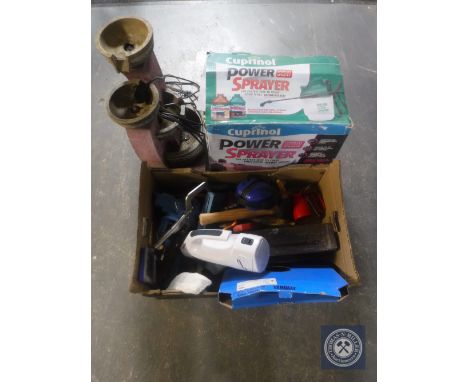 A Cuprinol power sprayer, box of hand tools, ammunition box, window vacuum etc and a garden water feature 