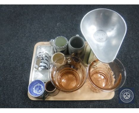 A tray of Salter weighing scales, pink glass celery jars, beer steins etc 