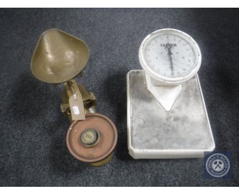 A set of Mordue kitchen scales together with a set of mid 20th century Salter scales 