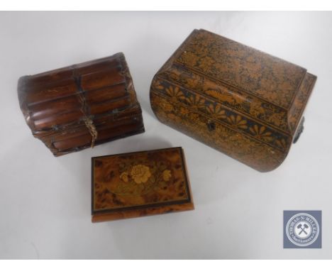 An early 20th century tea caddy and two trinket boxes 